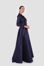 Load image into Gallery viewer, Aurora Midnight Navy Taffeta Double Breasted Flared Maxi Dress