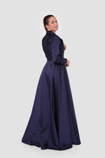 Load image into Gallery viewer, Aurora Midnight Navy Taffeta Double Breasted Flared Maxi Dress