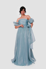 Load image into Gallery viewer, Celestia Powder Blue Off-shoulder Maxi Dress With Puffy Short Sleeves