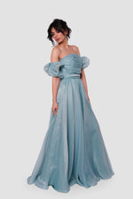 Load image into Gallery viewer, Celestia Powder Blue Off-shoulder Maxi Dress With Puffy Short Sleeves