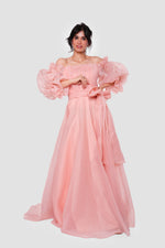 Load image into Gallery viewer, Celeste Peach blush organza off-shoulder maxi dress with billowy sleeves