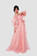 Load image into Gallery viewer, Celeste Peach blush organza off-shoulder maxi dress with billowy sleeves