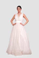 Load image into Gallery viewer, Madelena Ivory White Tulle With Gold Accents Sleeveless Maxi Dress