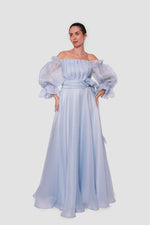 Load image into Gallery viewer, Celeste Peach blush organza off-shoulder maxi dress with billowy sleeves