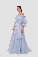 Load image into Gallery viewer, Celeste Peach blush organza off-shoulder maxi dress with billowy sleeves