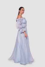 Load image into Gallery viewer, Celeste Peach blush organza off-shoulder maxi dress with billowy sleeves