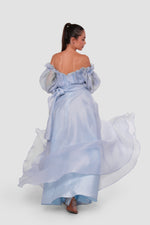 Load image into Gallery viewer, Celeste Peach blush organza off-shoulder maxi dress with billowy sleeves