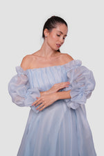 Load image into Gallery viewer, Celeste Peach blush organza off-shoulder maxi dress with billowy sleeves