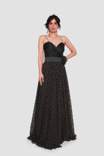 Load image into Gallery viewer, Alessia Black Tulle With Gold Metallic Glitter Maxi Dress