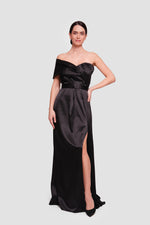 Load image into Gallery viewer, Tanya Black Satin Pleated Maxi Dress