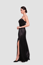 Load image into Gallery viewer, Tanya Black Satin Pleated Maxi Dress
