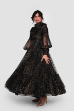 Load image into Gallery viewer, Stellagla Black Tulle With Gold Star Embellishments High Neckline With Full Sleeves Maxi Dress