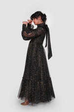 Load image into Gallery viewer, Stellagla Black Tulle With Gold Star Embellishments High Neckline With Full Sleeves Maxi Dress