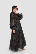 Load image into Gallery viewer, Stellagla Black Tulle With Gold Star Embellishments High Neckline With Full Sleeves Maxi Dress
