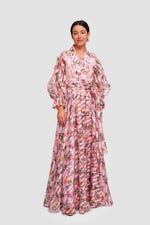 Load image into Gallery viewer, Marian Pink With Multicolored Floral Organza Wrap-style Maxi Dress With Long Sleeves