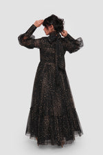 Load image into Gallery viewer, Stellagla Black Tulle With Gold Star Embellishments High Neckline With Full Sleeves Maxi Dress