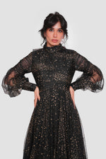 Load image into Gallery viewer, Stellagla Black Tulle With Gold Star Embellishments High Neckline With Full Sleeves Maxi Dress