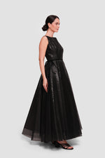 Load image into Gallery viewer, Manal Black Organza Laser Pattern Sleeveless Open Back Maxi Dress