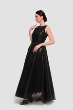 Load image into Gallery viewer, Manal Black Organza Laser Pattern Sleeveless Open Back Maxi Dress