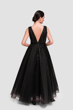 Load image into Gallery viewer, Manal Black Organza Laser Pattern Sleeveless Open Back Maxi Dress