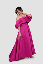 Load image into Gallery viewer, Serena Fuchsia Taffeta Off-shoulder Pleated Corset Maxi Dress With Pleats