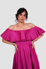Load image into Gallery viewer, Serena Fuchsia Taffeta Off-shoulder Pleated Corset Maxi Dress With Pleats