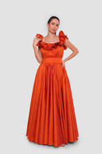 Load image into Gallery viewer, Alicia Amber Amber Orange Taffeta Off-shoulder Maxi Dress With Pleats
