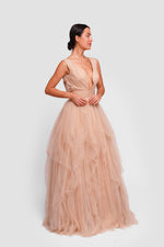 Load image into Gallery viewer, Dana Golden Beige Tulle Deep V-neckline Open Back Sleeveless Maxi Dress With Soft Ruffles