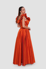 Load image into Gallery viewer, Alicia Amber Amber Orange Taffeta Off-shoulder Maxi Dress With Pleats