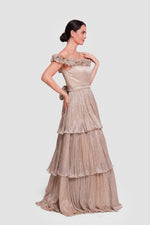 Load image into Gallery viewer, Amaan Gold Metallic Fabric Off-shoulder Corset Maxi Dress With Ruffles