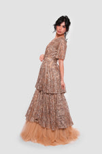 Load image into Gallery viewer, Azure Bronze And Gold Tulle With Short Flared Sleeves Maxi Dress