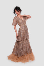 Load image into Gallery viewer, Azure Bronze And Gold Tulle With Short Flared Sleeves Maxi Dress