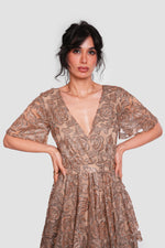 Load image into Gallery viewer, Azure Bronze And Gold Tulle With Short Flared Sleeves Maxi Dress