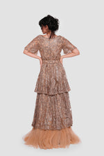 Load image into Gallery viewer, Azure Bronze And Gold Tulle With Short Flared Sleeves Maxi Dress
