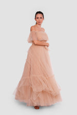 Load image into Gallery viewer, Amber Haze Golden Beige Tulle Corset Maxi Dress