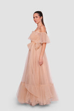 Load image into Gallery viewer, Amber Haze Golden Beige Tulle Corset Maxi Dress