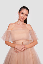 Load image into Gallery viewer, Amber Haze Golden Beige Tulle Corset Maxi Dress