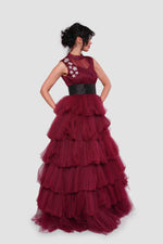 Load image into Gallery viewer, Amara Deep Wine Red Layered Tulle Sleeveless Maxi Dress
