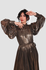 Load image into Gallery viewer, Selene Antique Gold Georgette Metallic Maxi Dress