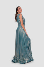Load image into Gallery viewer, Sarah Shimmering Aquamarine Metallic Sleeveless Gown