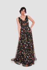 Load image into Gallery viewer, Jana Midnight Bloom Black Tulle With Multicolored Floral Embroidery Sleeveless Maxi Dress