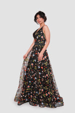 Load image into Gallery viewer, Jana Midnight Bloom Black Tulle With Multicolored Floral Embroidery Sleeveless Maxi Dress