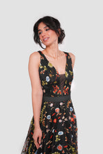 Load image into Gallery viewer, Jana Midnight Bloom Black Tulle With Multicolored Floral Embroidery Sleeveless Maxi Dress