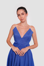Load image into Gallery viewer, Azura Rich Azure Blue Jacquard Strapless Corset Maxi Dress