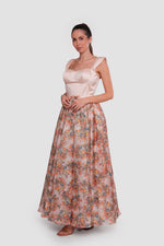 Load image into Gallery viewer, Felicity Serenade Nude With Multicolored Floral Patterns Silk Organza Maxi Dress