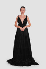 Load image into Gallery viewer, Natasha Midnight Elegance Black Metallic Fabric Plunging V-neck Open Back Gown