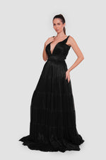 Load image into Gallery viewer, Natasha Midnight Elegance Black Metallic Fabric Plunging V-neck Open Back Gown