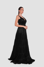 Load image into Gallery viewer, Natasha Midnight Elegance Black Metallic Fabric Plunging V-neck Open Back Gown