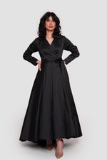 Load image into Gallery viewer, Noor Élan Black Taffeta Wrap-style Collared Maxi Dress