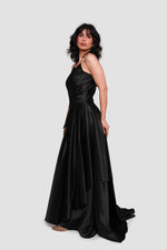 Load image into Gallery viewer, Cameron Black Strapless Satin Layered Corset Maxi Dress With Midi Sequined Gold Dress Inside
